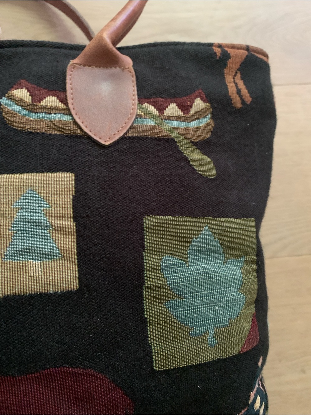 Vintage 90s Orvis Rustic Lodge Tapestry Tote Bag Moose Bear Leather Handles - Picture 12 of 16